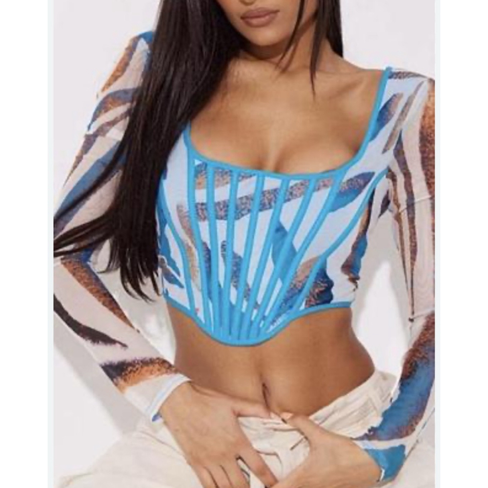 Women's PrettyLittleThing Blue Brown Zebra Print Corset Crop Top US 2